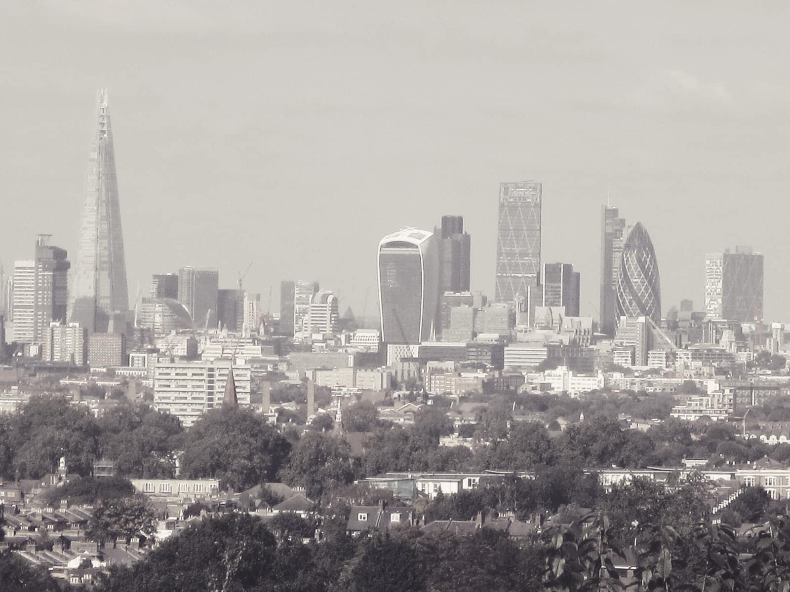 The City of London skyline seen across south London rooftops