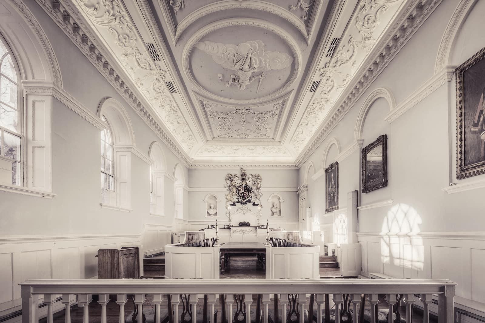 The panelled historic courtroom of Beverley Guildhall