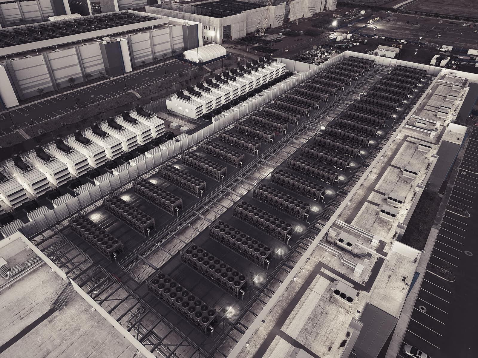 Aerial view of cooling equipment on a data centre roof