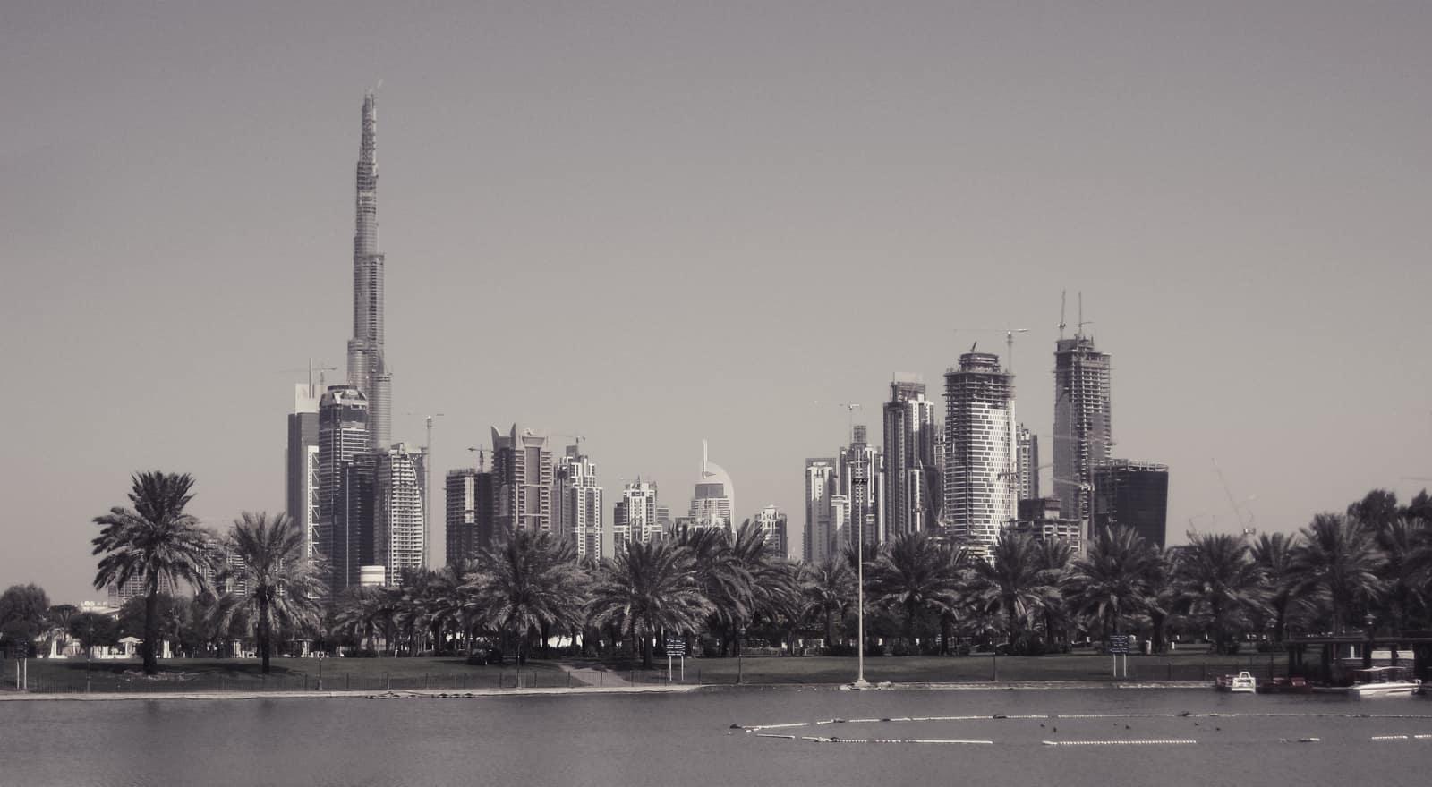 Downtown Dubai and Business Bay seen across palm trees