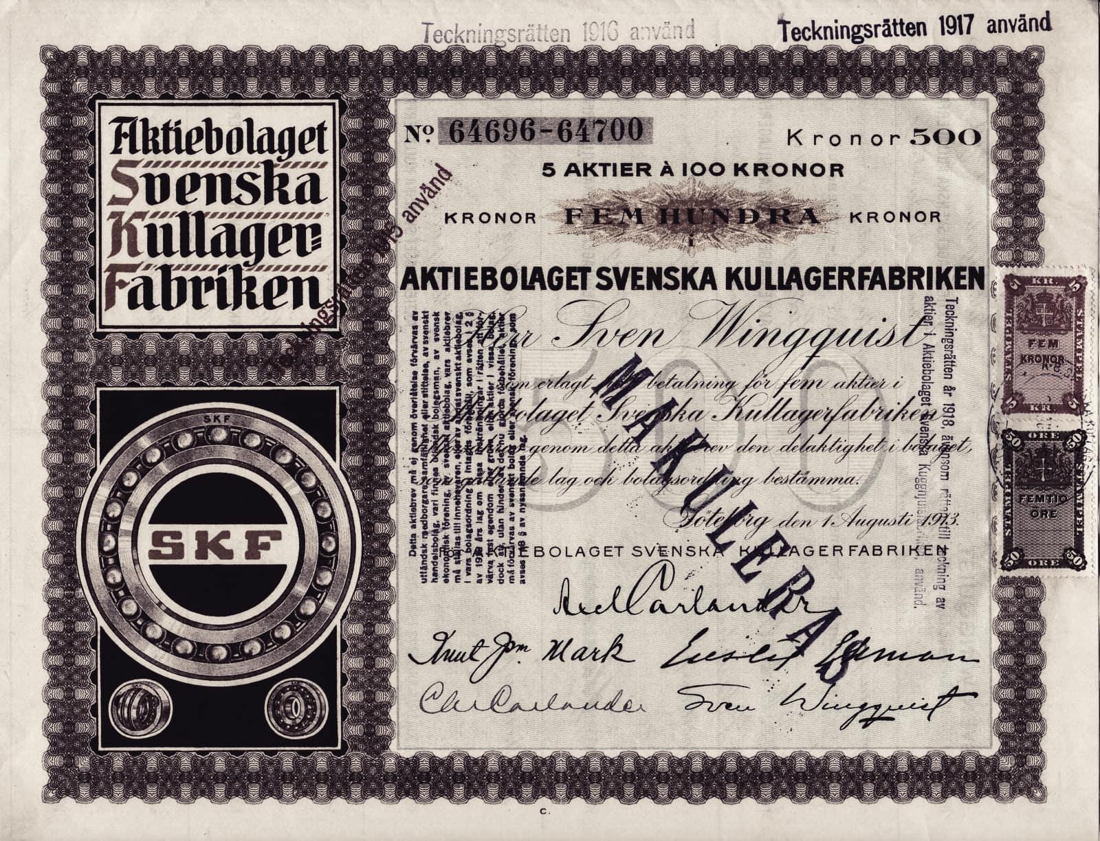 An engraved share certificate with stamps and signatures