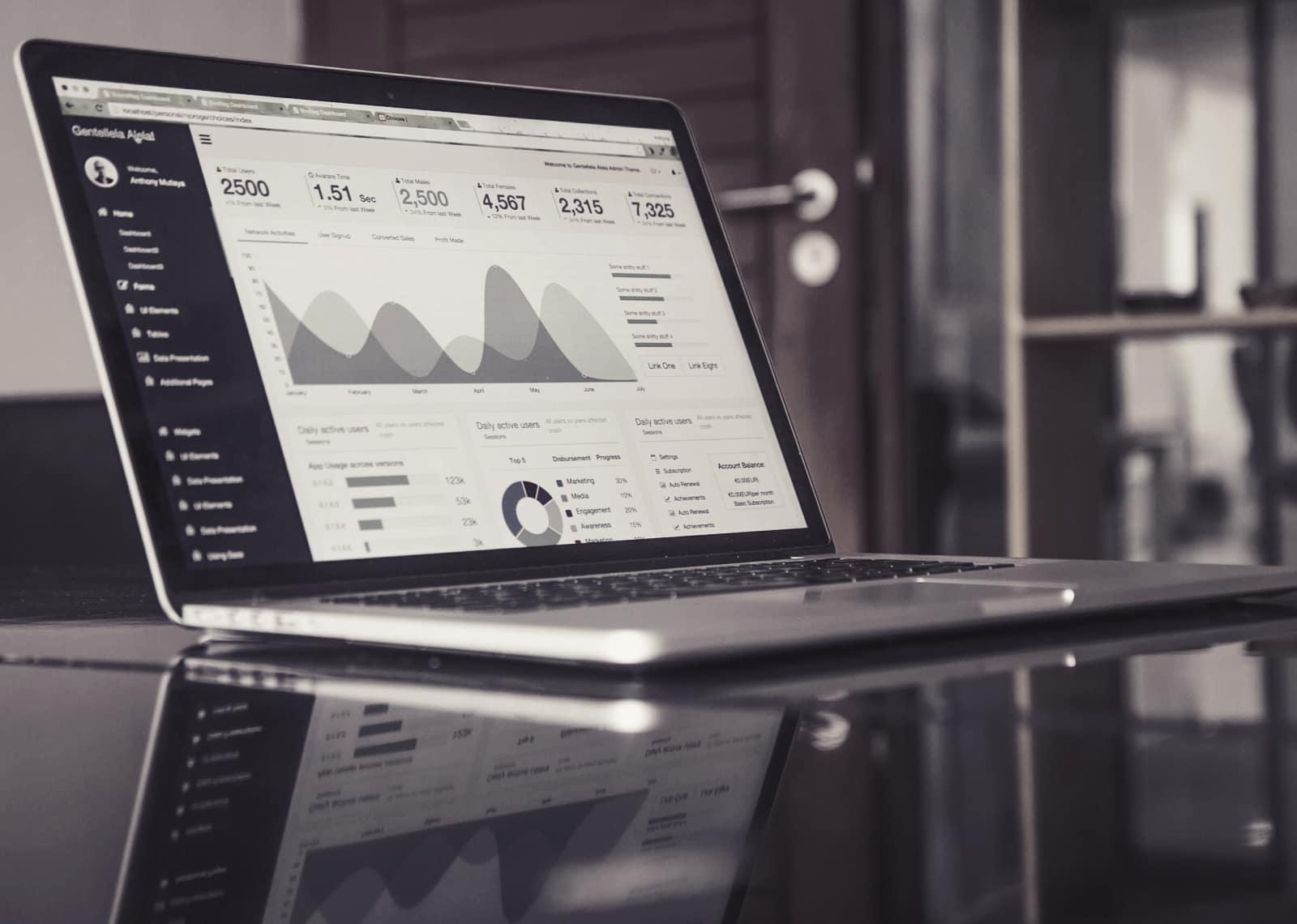 Charts and statistics on a laptop screen
