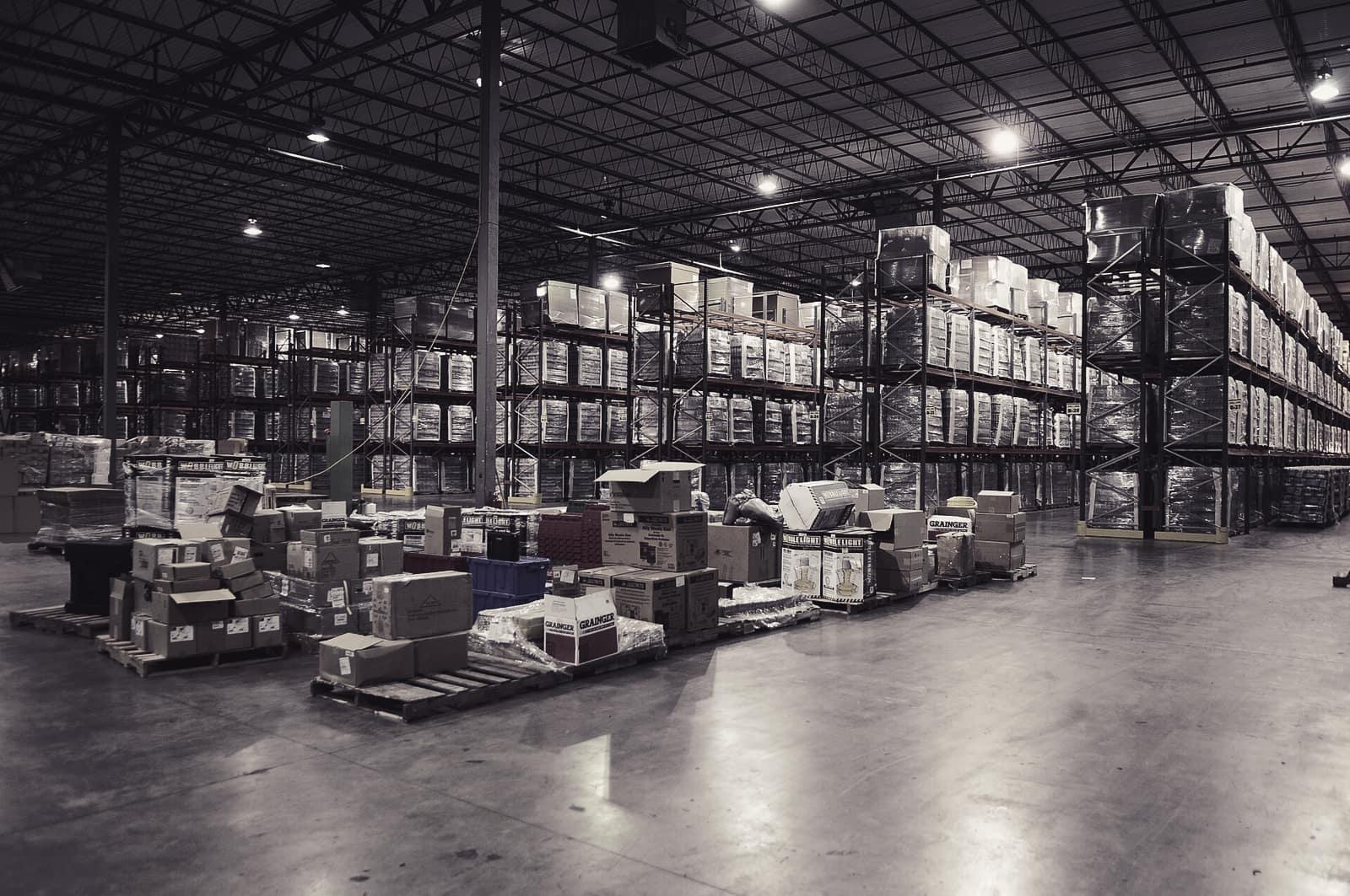 Racked pallets inside a large distribution warehouse